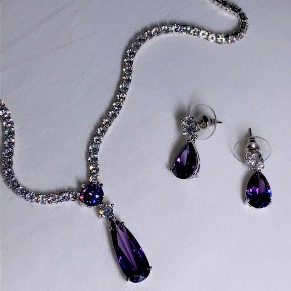 10” beautiful purple tree pendant diamond necklace with earrings